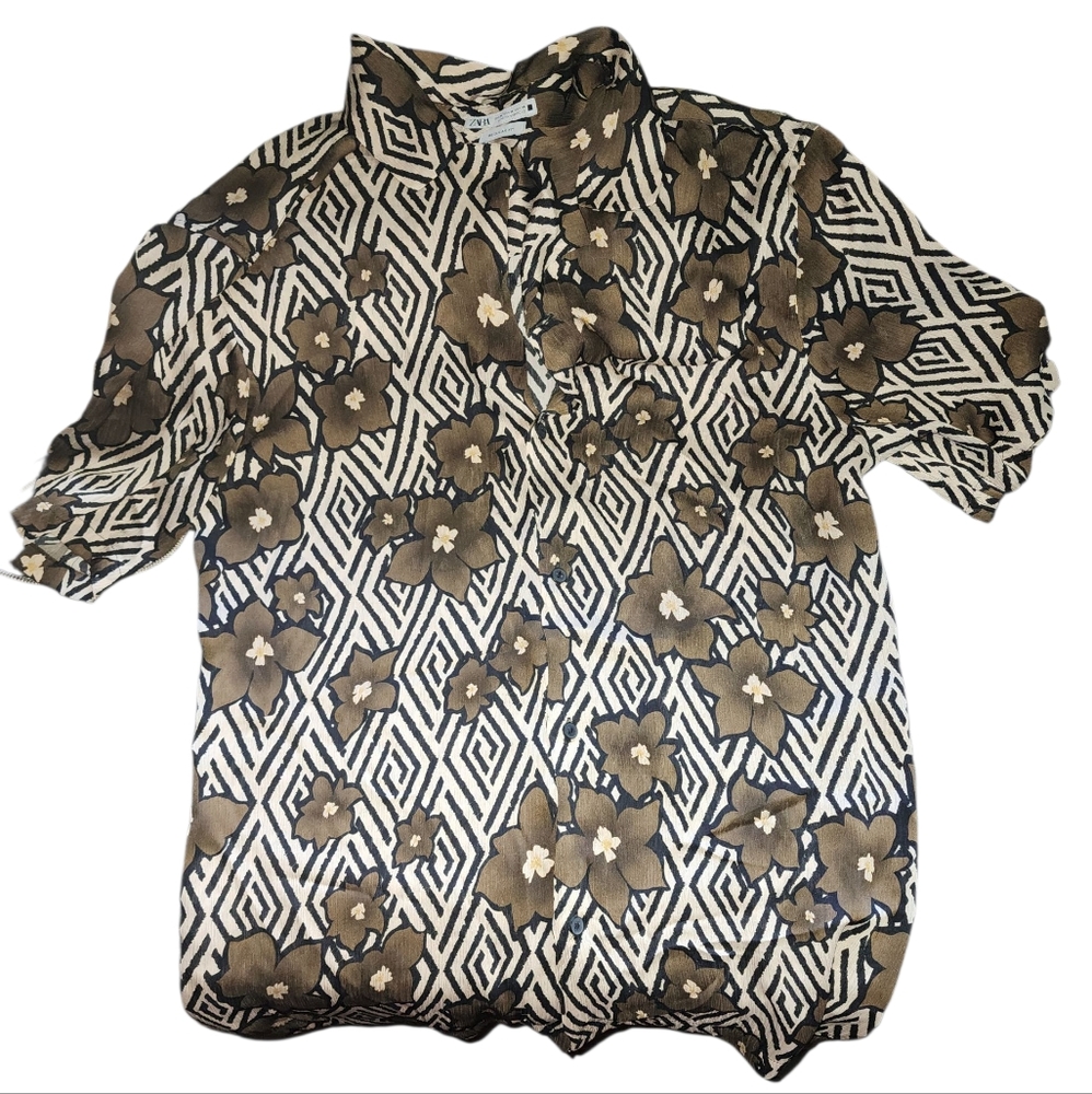 Zara Brown and Black Morocco Casual Button Down Shirt Medium - Picture 1 of 4